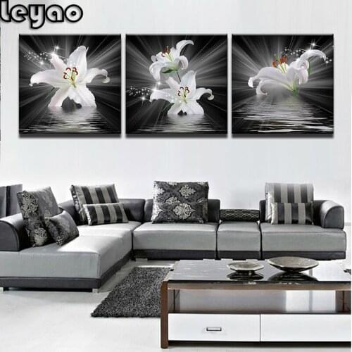3 Panels White Lily Flower Diamond Mosaic Full Square 5d Diy Diamond Embroidery round Drill Triptych home art Diamond Painting