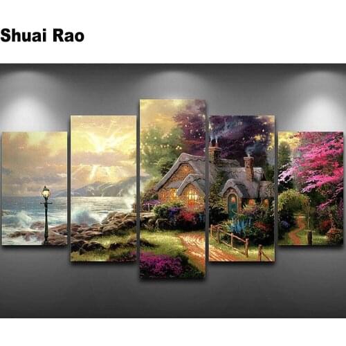 Beach Cottage diamond painting 5 pcs full square/round drill mosaic diamond embroidery seaside sunset landscape home decor