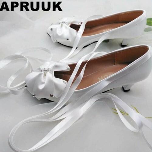Riband satin butterfly-knot wedding shoes bride white color crystal rhinestones handmade plus size bridal shoes in stock