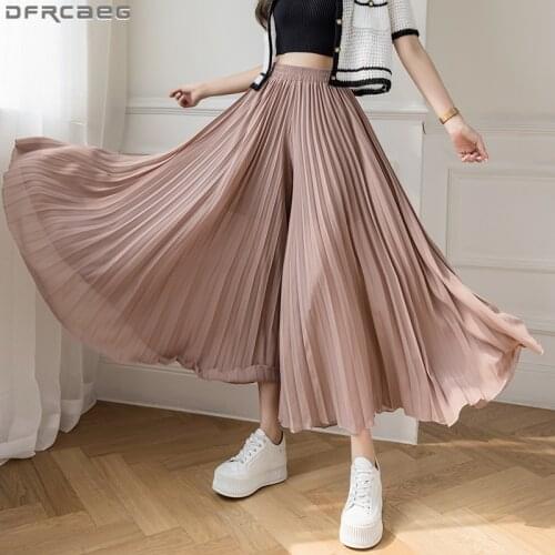 Elegant Elastic High Waist Pants For Women Spring Summer Korean Fashion Chiffon Culottes Trousers Pleated Loose Wide Leg Pants