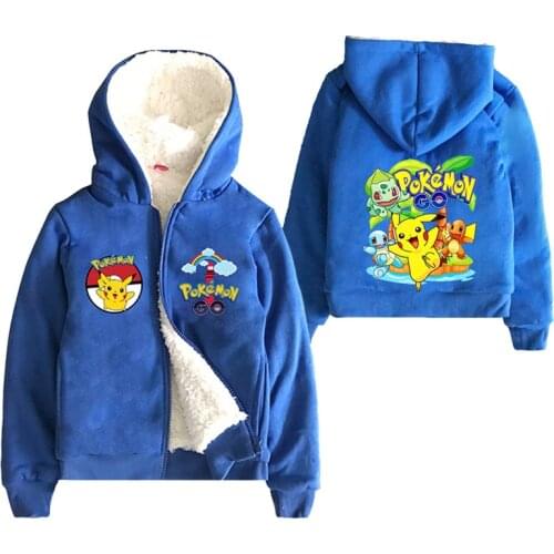Pokemon Pikachu Winter Lovely elf Go Hoodies Kids Jacket with Zipper Wool Liner Boys Coat Thicken Hooded Fur Baby Girl Outwear