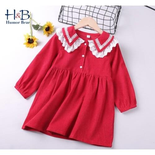 Humor Bear Girls Dress Autumn Winter Lace Collar Long Sleeve Solid Printed Dresses Sweet Children Princess Dress For 2-6Y