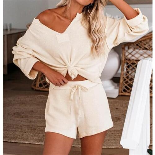 Women’s 2-Piece Outfits, Casual Long Sleeve Notched Neck Tops + Drawstring Shorts Set Loungewear S-XL