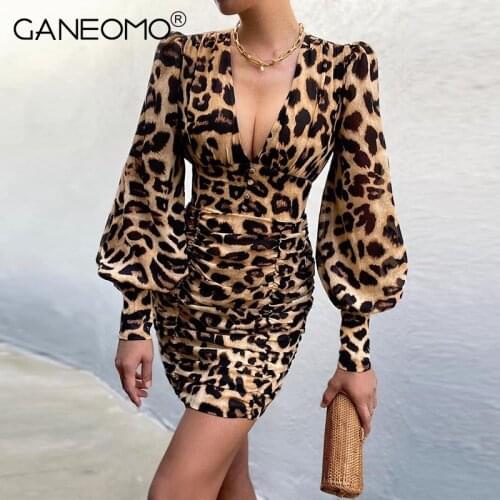Elegant Puff Sleeve Floral Print Bodycon Dresses Women Leopard Ruched Sexy Deep V Neck Party Club Evening Mini Dress 2021 Autumn