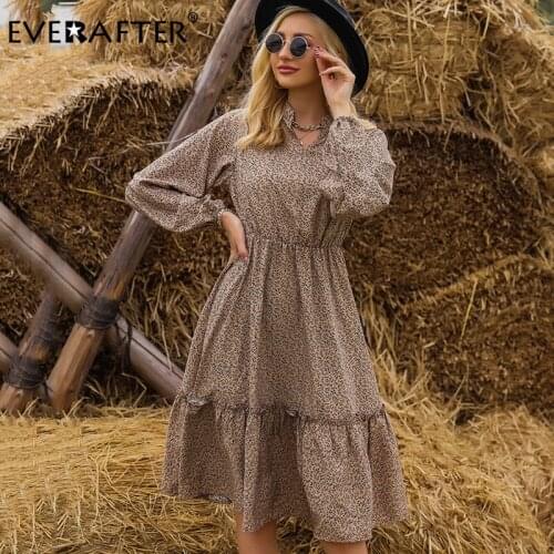 EVERAFTER Vintage Floral Print V-Neck Women Dress Autumn Spring Long Sleeve Ruffles High Waist A-Line Holiday Female Midi Dress