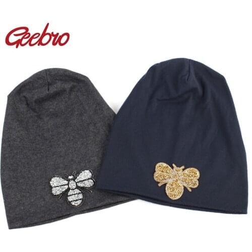 Geebro Womens Bee Beanie Hat Autumn Fashion Rhinestone Slouchy Beanies for Ladies Woman Plain Flat Cotton Bonnet Hats T8