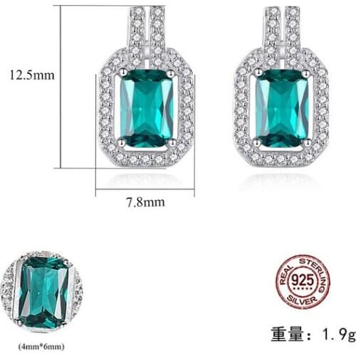 HOT Sell S925 Sterling Silver Temperament inlaid zircon emerald rectangle Crystal zircon ruby sapphire Earrings
