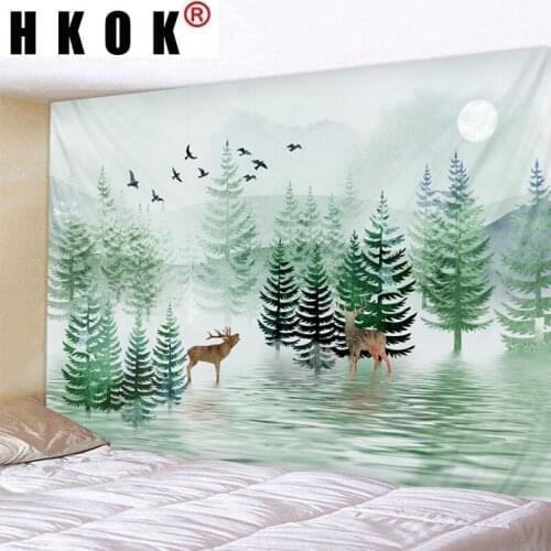 HKOK Forest Deer Tapestry Wall Hanging Wall Covering Rugs Mural Background Cloth Beach Towel Fabric Yoga Blanket Home Decor