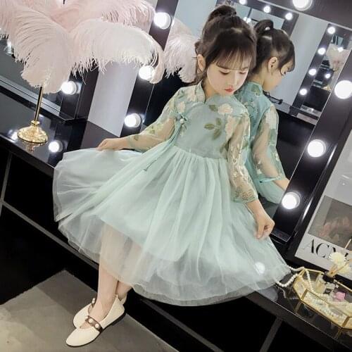 Fashion Princess Dress Green Cheongsam Modern Children Yarn Skirt Qi Pao Traditional Chinese Clothing Girls Qipao Birthday Gown