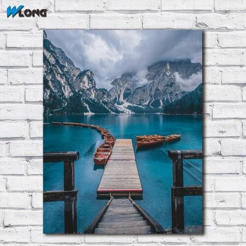Fashion Large Size Printing Pier-Lake-Boats-Mountains Wall Pictures for Living Room Office Bedroom Modern Canvas Oil Painting