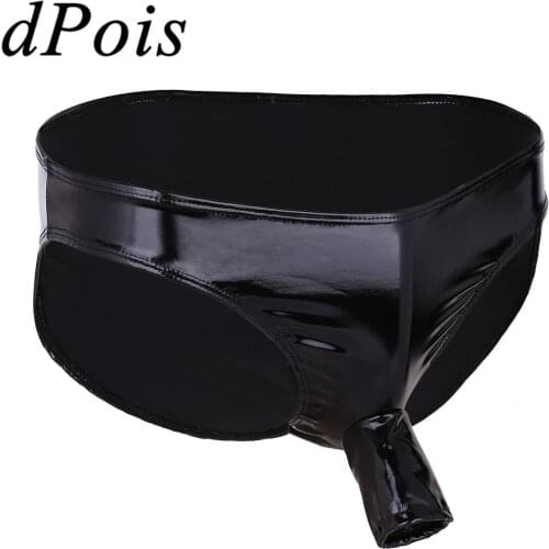 DPOIS Mens Wetlook Patent Leather Underwear Homme Sexy Gay Erotic Open Penis Hole Sheath Jockstrap Panties Sissy Bikini Briefs