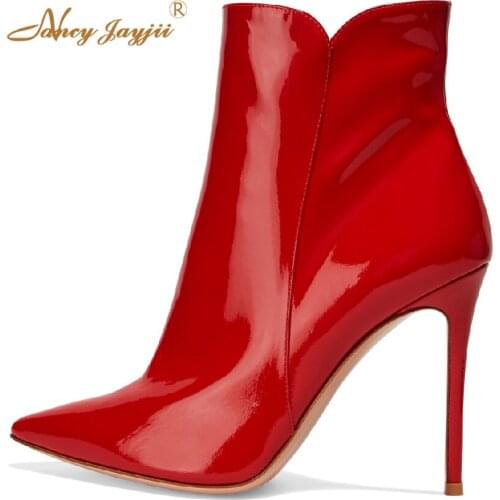 Levy 100 Patent-Leather Ankle Boots Zipper Women Shoe Pointed Toe Thin Heel 4 Inches Dress Autumn 2021 Female Large Size 43