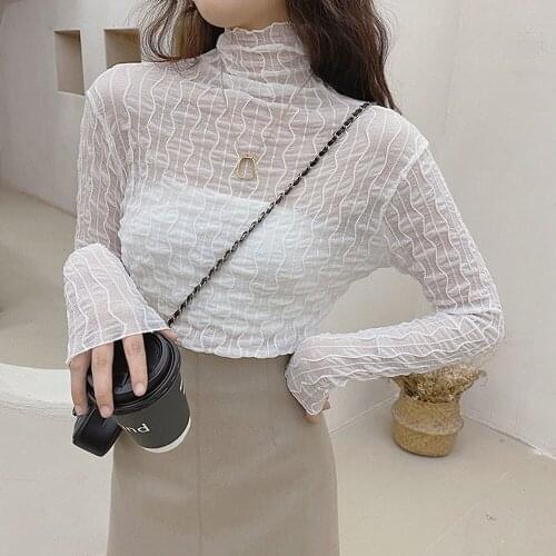 2021 New Long-sleeve High-neck High Quality Lace Bottoming Shirt For Women Slimming Net Yarn Temperament Casual Short Tops