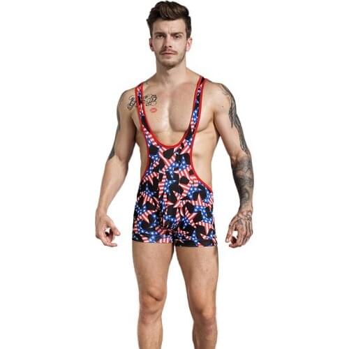 Novelty Mens American Flag Printing Bodysuit Bodybuilding Shapewear Sexy Male Suspender Jumpsuit One Piece Leotards Underwear