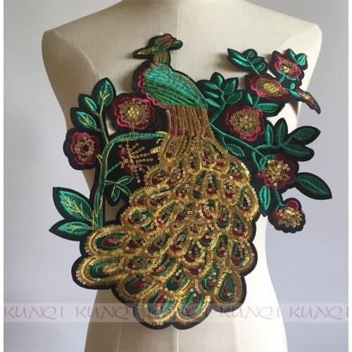 New Arrival 1 Pcs 27*34cm Large Sequins Peacock Embroidered Patches No Glue Cartoon Motif Applique Embroidery Garment Accessory