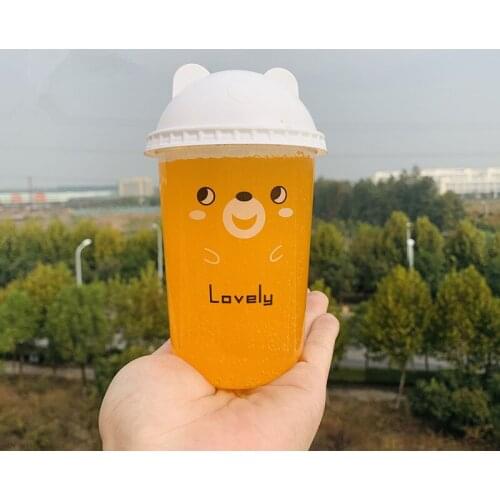 50pcs Net red 90 caliber disposable plastic cup 500ML transparent milk tea cup cartoon bear U shape birthday party cup with lid