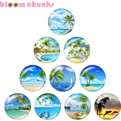 Beach coconut tree 10pcs mixed 12mm/18mm/20mm/25mm Round photo glass cabochon demo flat back Making findings S2534