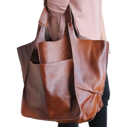 Retro Big Shopper Purses Casual Soft Large Capacity Tote Women Handbags Designer Aged Metal Look Luxury Pu Leather Shoulder Bag