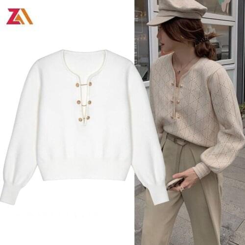 ZALady korean chic black white knitted sweaters autumn winter Buttons v-neck long sleeve women pullover traf Y2K pull femme chic