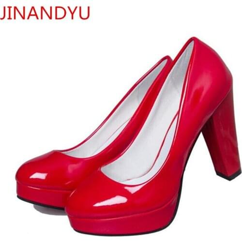 Chunky High Heels Shoes Platforms Woman Pumps Patent Leather Wedding Dress Ladies Party Shoe High Heel Zapatos Con Tacon Mujer