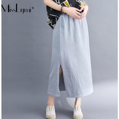 MissLymi Plus Size Women Casual Split Long Skirt Summer 2021 Fashion Elastic Waist Loose Vintage Solid Midi Skirt Female Black
