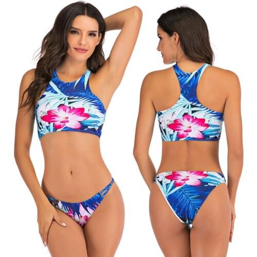 Womens Beach Wear Two Pieces Bikini Sets Tank Tops Sexy Sports Swimsuit Swimwear High Neck Tops with High Cut Bikini Bottom