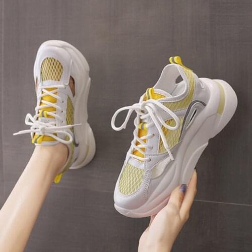 2021 New Woman Vulcanized Shoes Lace Up Mesh Thich Bottom Patchwork Ladies Sneakers Casual Fashion Breathable Female Footwear