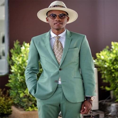 Chic Green Business Men Blazer 2 Piece Beach Groomsmen Tuxedos For Wedding Formal Prom Suit (Jacket+Pants) Streetwear