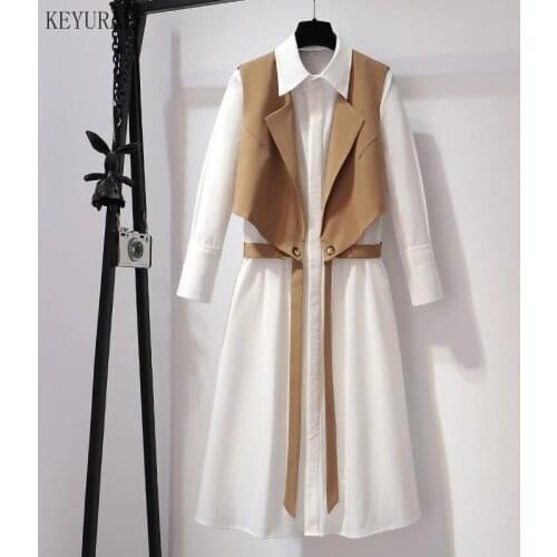 Spring Autumn Long Shirt Waistcoat Two Piece Set Fashion Women Turn Down Collar Office OL White Shirt Dress And Vest Tops Suits