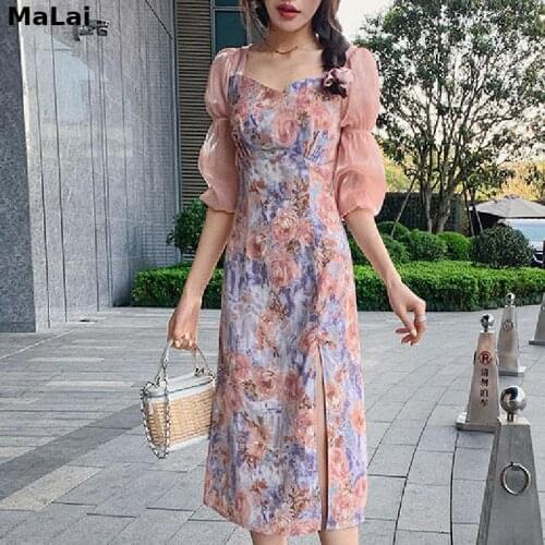 Square Collar Vintage Elegant Dresses Korean Office Lady 2021 Summer Chic Women Floral Design Sexy Slim Dress One Piece Dresses