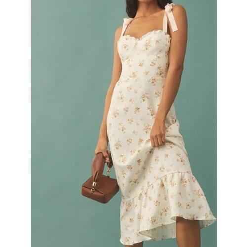 Summer Boho floral Tie-string Dresses Fashion bowknot Strap Vestidos Women holiday Slim sleeveless Midi Dress Bandage Sundresses