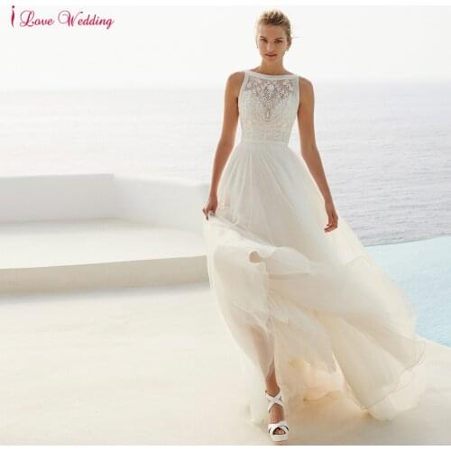 Beach Wedding Dresses Lace Bateau Open Back A Line Bohemian Romantic Destination Tulle Bridal Gowns vestido de novia 2021