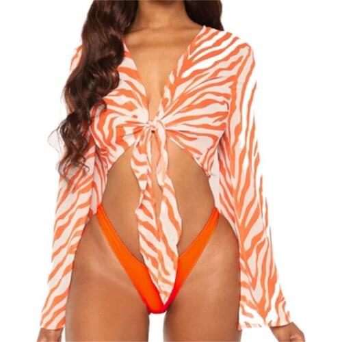2020 Sexy Three Pieces Bikini Set Bell Sleeve Bikini Cover Up Swimwear Women Swimsuit Print Bathing Suit Beachwear Swimming Suit