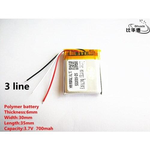 5pcs/lot 3 line Good Qulity 3.7V,700mAH,603035 Polymer lithium ion / Li-ion battery for TOY,POWER BANK,GPS,mp3,mp4