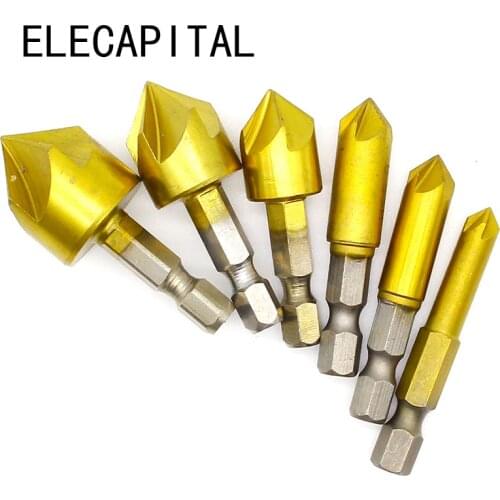 6PCS 5 Flute Chamfer Countersink 1/4" Hex Shank HSS 90 Degree Wood Chamfering Cutter Chamfer 6mm-19mm Countersink Drill Bit