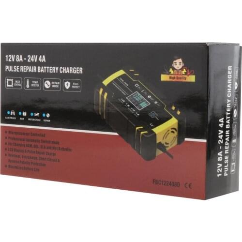 Car Battery Charger 12V 8A 24V 4A Amp Fast Automatic Motorcycle Charging Pulse Repair for Lead Acid Batteries with Cable Clamps