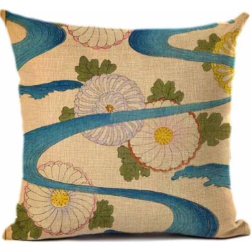 Retro Floral Linen Cushion Cover Vintage Wave Pattern Decorative Pillow Case Home Decor for Sofa Couch Bed Living Room 45x45cm