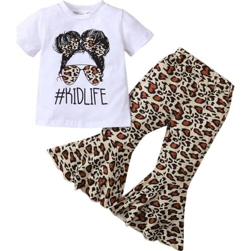 FOCUSNORM 1-6Y Summer Toddler Girls Clothes Sets 2pcs Leopard Printed Short Sleeve T Shirts Tops Flare Pants