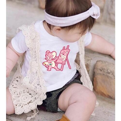 Unisex Summer Childrens Clothing Cute Cartoon Boys And Girls T-shirt Aesthetics Fun Kids Tops Round Neck White Short Sleeve Tee