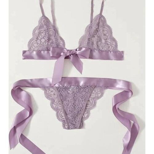 2Pieces Set Sexy Underwear Lingerie Lace Hollow out Satin Bow Knot tied Bra High waist Adjust PantiesExotic Set Women Intimates