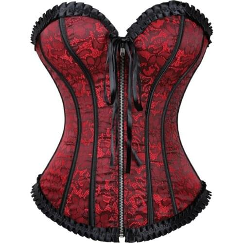 Fashion Lotus Leaf Lace Embroidered Zipper Overbust Corsets Sexy Court Ladies Corset Top S-6XL