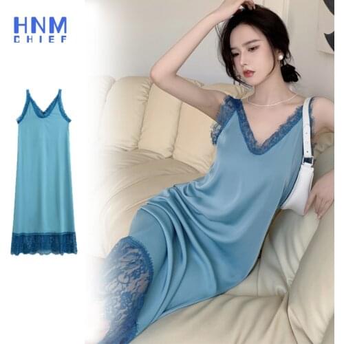 HNMCHIEF Blue Nightdress Sexy Lingerie Nightgown Soft Silk Suspend Lace Sleepwear Breathable Women'dress Casual Suspender Skirt