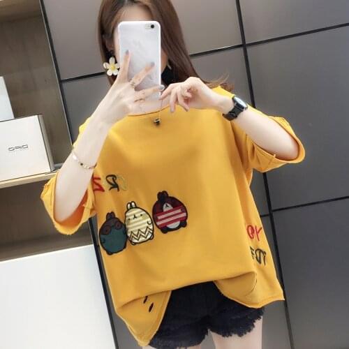 Summer 2021 New Style Cotton Embroidery Loose Plus Size T-shirt Womens Short-sleeved Mid-length Top Cartoon Kawaii Clothes