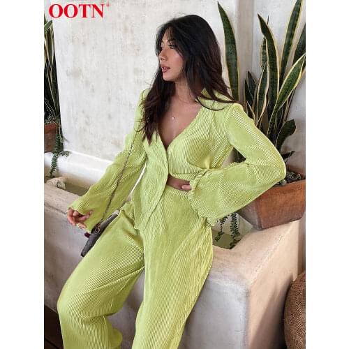 OOTN 2021 Fashion Green Satin Blouse Flare Sleeve Pleated Women Shirt Elegant Spring Summer Top Female Loose V-Neck Sexy Blouses