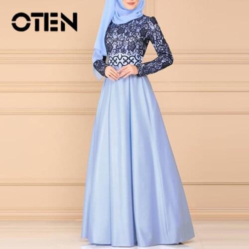 OTEN Lace Patchwork Abayas Muslim Dress For Women Evening Party Elegant High Waist Formal Ladies 2020 Long Robe Female Plus Size