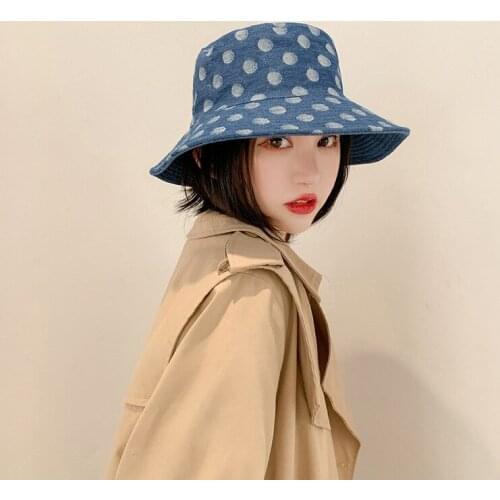 Bucket Hat Women Sun Protection Summer Beach Spring Autumn Jeans Fabric Dots Durable Holiday Outdoor Accessory For Teenagers