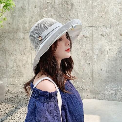 Grey Solid Bucket Floral Print Caps Hip Hop Button Gorros Women Summer Hollow Out Cotton Panama Cap Beach Sun Fishing boonie Hat