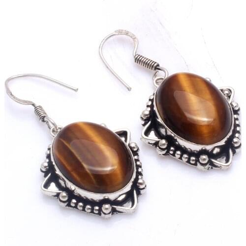 Genuine Tiger Eye Silver Overlay on Copper Earrings ,Hand made Women Jewelry Gift , 45 mm, E5761