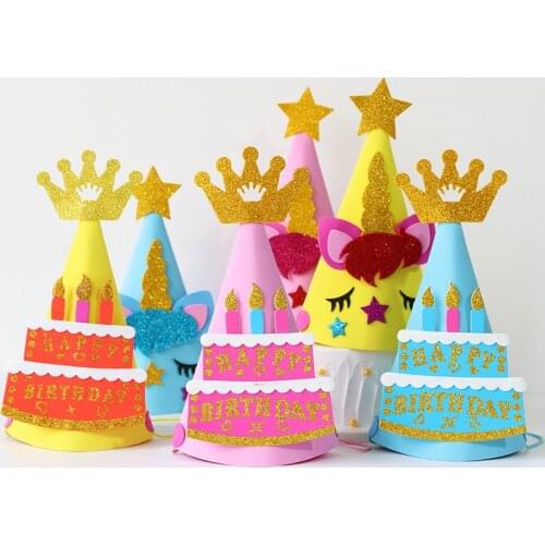 13cm Star Crown Birthday Hat with Rope Kids Child Party Cute Crown Decoration Striped Conical Hat Paper Cap Party Supplies EVA