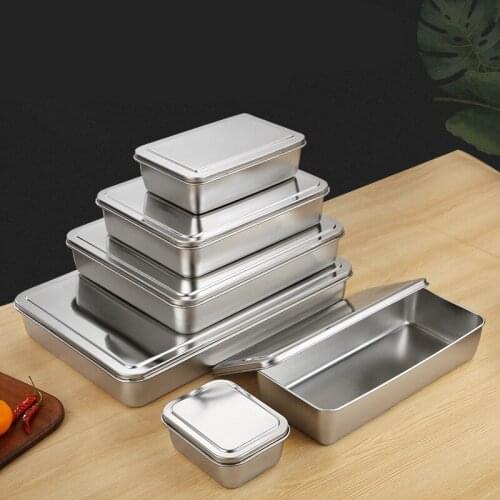 Thicken Stainless Steel Storage Tray with Lid Rectangle Food Plate Cake Bread Baking Pan Flat Bottom Dish Bakeware Kitchen Tools